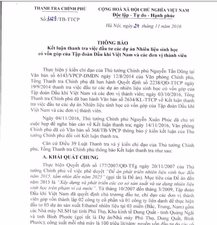 Kết luận của Thanh tra Chính phủ tại dự án nhiên liệu sinh học - ảnh chụp màn hình.