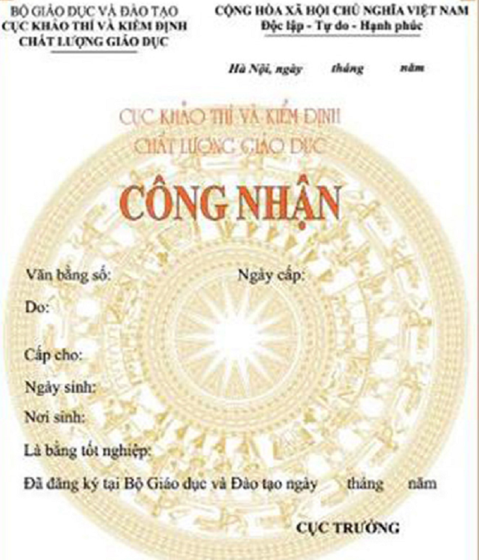 Mẫu công nhận văn bằng nước ngoài cấp của Bộ Giáo dục và Đào tạo. Ảnh chụp lại mẫu do Bộ Giáo dục công bố Mẫu công nhận văn bằng nước ngoài cấp của Bộ Giáo dục và Đào tạo. Ảnh chụp lại mẫu do Bộ Giáo dục công bố