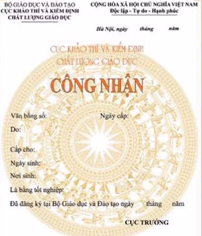 Mẫu công nhận văn bằng nước ngoài cấp của Bộ Giáo dục và Đào tạo. Ảnh chụp lại mẫu do Bộ Giáo dục công bố