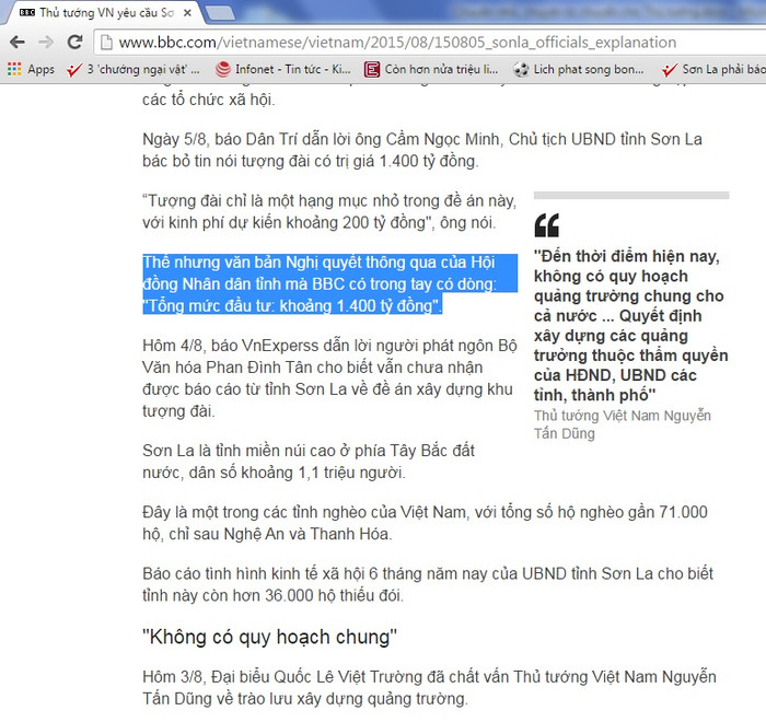 Ảnh chụp màn hình báo nước ngoài ngày 9/8/2015 về dựng tượng Bác Hồ ở Sơn La