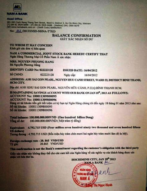 Giấy xác nhận số dư tiền gửi 100 tỉ đồng của ông Dũng, do Ngân hàng Nam Á phát hành. Ảnh: Đ.A