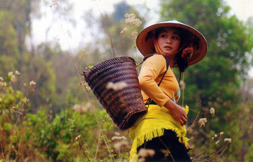 Chiếc gùi là dụng cụ quen thuộc trong đời sống sản xuất của các thiếu nữ vùng cao