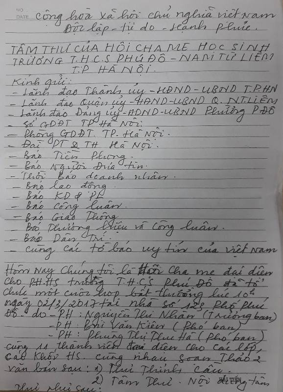 Tâm thư của Hội cha mẹ học sinh Trường Trung học cơ sở Phú Đô gửi đến Báo điện tử Giáo dục Việt Nam với mong muốn thỉnh cầu xin cho bà Nguyễn Thị Nguyệt ở lại trường. Ảnh Trực Ngôn.