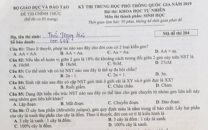 Đề thi chính thức môn Sinh học trong kỳ thi quốc gia 2019 Đề thi chính thức môn Sinh học trong kỳ thi quốc gia 2019