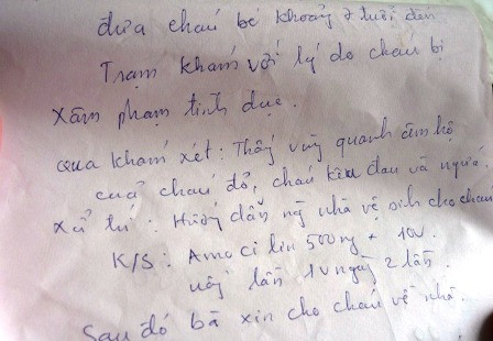 Giấy kiểm tra của trạm y tế xã Hải Ninh về tình hình sức khỏe của cháu Na sau khi được gia đình đưa đến. Giấy kiểm tra của trạm y tế xã Hải Ninh về tình hình sức khỏe của cháu Na sau khi được gia đình đưa đến.