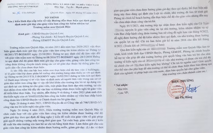 Tờ trình về việc xin ý kiến chỉ đạo của cấp trên đối với việc chi trả chế độ đối với giáo viên kiêm nhiệm công tác đoàn của Trường Mầm non Quỳnh Hậu ngày 8/5/2023 đối với trường hợp giáo viên đã về hưu. Theo Hiệu trưởng Trường Mầm non Quỳnh Hậu đến nay vẫn chưa có phản hồi của cấp trên về việc này. Ảnh: CTV