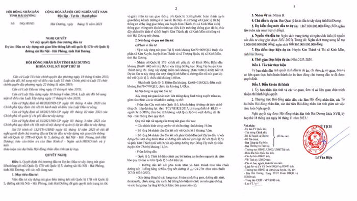 Nghị quyết về việc quyết định chủ trương đầu tư xây dựng nút giao liên thông kết nối quốc lộ 17B với quốc lộ 5, đường sắt Hà Nội - Hải Phòng, tỉnh Hải Dương. Ảnh chụp màn hình Nghị quyết về việc quyết định chủ trương đầu tư xây dựng nút giao liên thông kết nối quốc lộ 17B với quốc lộ 5, đường sắt Hà Nội - Hải Phòng, tỉnh Hải Dương. Ảnh chụp màn hình