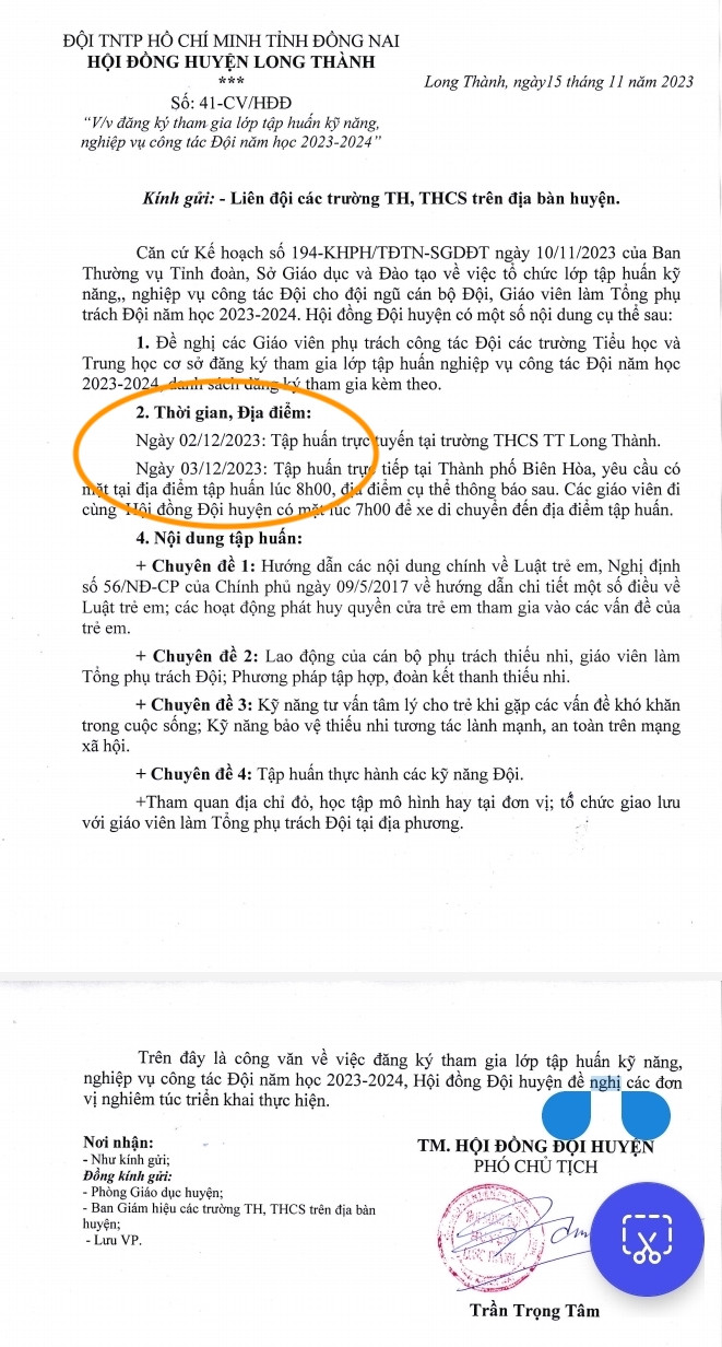 Thời gian tập huấn của Hội Đồng đội Long thành thông báo diễn ra vào ngày 2 và 3/12/2023 tương ứng với các ngày thứ Bảy và Chủ nhật khiến giáo viên băn khoăn. Ảnh: Giáo viên cung cấp Thời gian tập huấn của Hội Đồng đội Long thành thông báo diễn ra vào ngày 2 và 3/12/2023 tương ứng với các ngày thứ Bảy và Chủ nhật khiến giáo viên băn khoăn. Ảnh: Giáo viên cung cấp