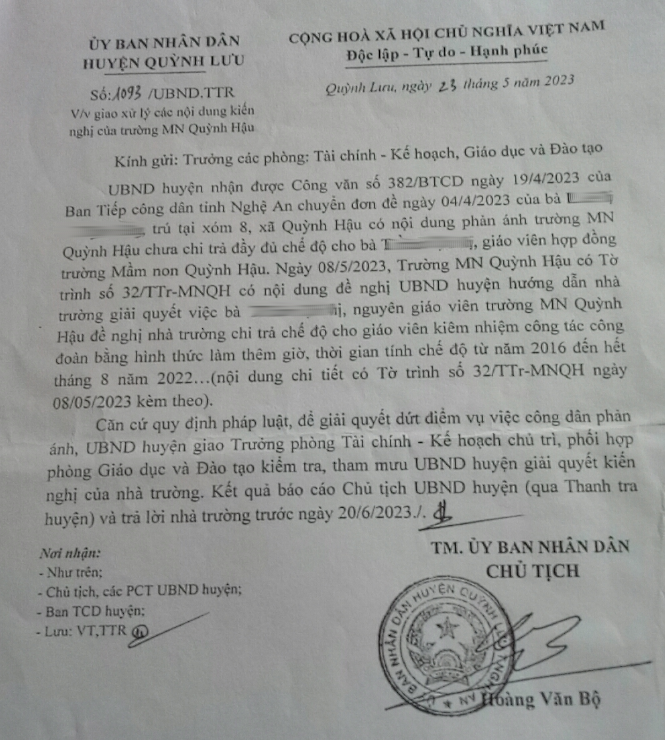 Trước việc để cho công dân gửi đơn kiến nghị nhiều lần, ngày 23/5/2023 Ủy ban nhân dân huyện Quỳnh Lưu tiếp tục có văn bản chỉ đạo các đơn vị xử lý dứt điểm. Ảnh: Giáo viên cung cấp Trước việc để cho công dân gửi đơn kiến nghị nhiều lần, ngày 23/5/2023 Ủy ban nhân dân huyện Quỳnh Lưu tiếp tục có văn bản chỉ đạo các đơn vị xử lý dứt điểm. Ảnh: Giáo viên cung cấp
