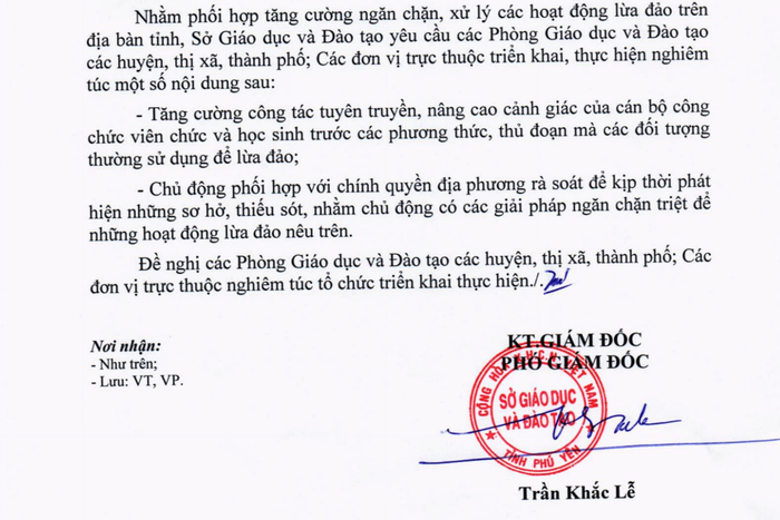 Công văn cảnh báo tội phạm gửi đến các thầy cô của Sở Giáo dục Phú Yên. Ảnh: NP Công văn cảnh báo tội phạm gửi đến các thầy cô của Sở Giáo dục Phú Yên. Ảnh: NP