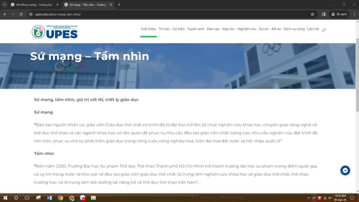 Sứ mạng và Tầm nhìn của trường. Ảnh: Website Trường Đại học Sư phạm Thể dục Thể thao Thành phố Hồ Chí Minh. 123.jpg