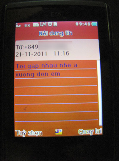 Tin nhắn từ số máy điện thoại được cho là của Trung tá Thưởng gửi cho chị Bùi Thị Th Tin nhắn từ số máy điện thoại được cho là của Trung tá Thưởng gửi cho chị Bùi Thị Th