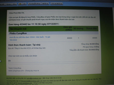 Phiếu xác nhận đơn hàng mua sản phẩm của chị Phạm Mai Chi do cungmua.com gửi lại vào mail. Phiếu xác nhận đơn hàng mua sản phẩm của chị Phạm Mai Chi do cungmua.com gửi lại vào mail.