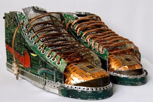 4. Giày thể thao nam Khi các bảng mạch có thể làm thành giày nữ thì tại sao lại không thể biến hóa thành giầy nam. Gabriel Dishaw là người đam mê điêu khắc đồng thời cũng là một nha thiết kế có sáng tạo và chỉ cần nhìn vào đôi giầy gắn logo Nike ngược thì sẽ thấy ngay được điều đó. Đôi giầy được thiết kế dây buộc rất chắc chắn, chúng không phải là những sợi dây bình thường mà chính là dây cáp. Có rất nhiều chi tiết trang trí được sáng tạo trên đôi giầy này và chắc chắn nó sẽ bị cuốn hút bởi những người thích các sản phẩm tái chế.