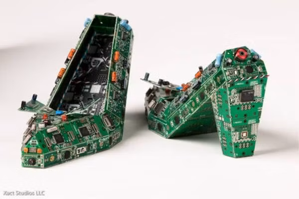 1. Giầy cao gót Đôi giày cào gót này là một sự sáng tạo tuyệt vời và vô cùng độc đáo của nghệ sĩ Steven Rodrig. Nó là một tác phẩm nghệ thuật hoàn chỉnh từ những bảng vi mạch được tạo hình chi tiết với phần mũi và phần gót giầy rất xinh động. Đôi giày khiến bạn có cảm giác như bàn chân mình đang được ôm trọn bởi một màu xanh đặc trưng và có thể sẽ khiến những người qua đường phải ghen tị. Thiết kế này chắc chắn sẽ trở thành một trào lưu thời trang độc đáo và mới lạ.