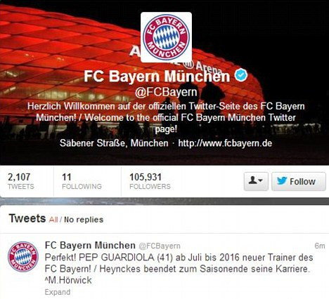 Mới đây, trong phát biểu mới nhất của mình, Pep thổ lộ muốn đến Anh khiến các đội bóng như Man United, Man City hay Chelsea đều mừng quýnh. Nhưng bất ngờ thay, Guardiola lại chọn ‘Hùm xám’ xứ Bavaria làm điểm đến tiếp theo của mình. Câu lạc bộ hiện đang dẫn đầu BXH Bundesliga vừa chính thức xác nhận đã ký hợp đồng có thời hạn đến tháng 6 năm 2016 với Pep Guardiola. Mới đây, trong phát biểu mới nhất của mình, Pep thổ lộ muốn đến Anh khiến các đội bóng như Man United, Man City hay Chelsea đều mừng quýnh. Nhưng bất ngờ thay, Guardiola lại chọn ‘Hùm xám’ xứ Bavaria làm điểm đến tiếp theo của mình. Câu lạc bộ hiện đang dẫn đầu BXH Bundesliga vừa chính thức xác nhận đã ký hợp đồng có thời hạn đến tháng 6 năm 2016 với Pep Guardiola.