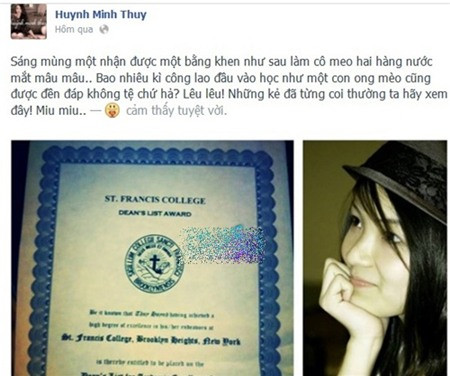 Cận cảnh tấm bằng xuất sắc của Thủy Top. Cận cảnh tấm bằng xuất sắc của Thủy Top.