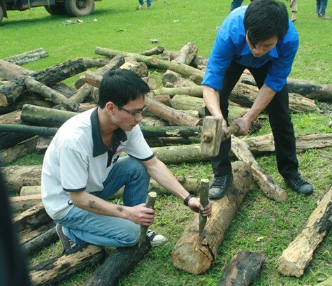 Các bạn nam hăng hái bổ củi bằng những dụng cụ “tự chế" Các bạn nam hăng hái bổ củi bằng những dụng cụ “tự chế"