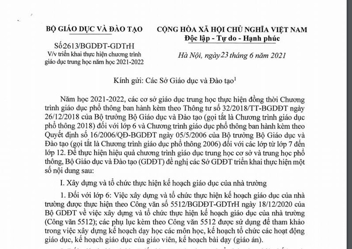 Ngày 23/6, Bộ Giáo dục và Đào tạo ban hành văn bản số 2613/BGDĐT-GDTrH (ảnh chụp tài liệu)
