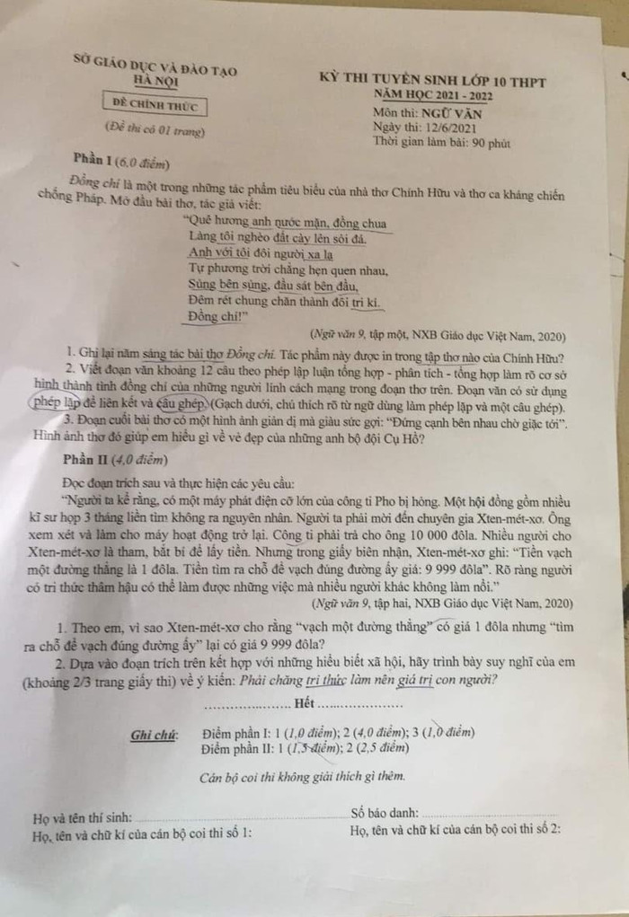 Đề thi môn Ngữ văn của kỳ thi tuyển sinh lớp 10 thành phố Hà Nội