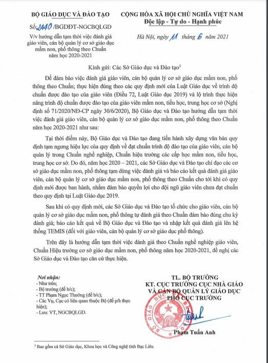 Bộ Giáo dục và Đào tạo có hướng dẫn tạm thời việc đánh giá giáo viên, cán bộ quản lý cơ sở giáo dục mầm non, phổ thông theo Chuẩn năm học 2020-2021 Bộ Giáo dục và Đào tạo có hướng dẫn tạm thời việc đánh giá giáo viên, cán bộ quản lý cơ sở giáo dục mầm non, phổ thông theo Chuẩn năm học 2020-2021