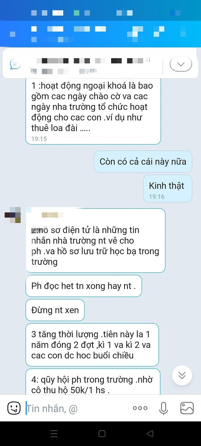 Giáo viên thông báo các khoản thu nêu ra việc đóng góp tiền cho hoạt động ngoại khoá, trong đó nhắc đến việc thuê loa đài cho hoạt động chào cờ. Ảnh: Phụ huynh cung cấp Giáo viên thông báo các khoản thu nêu ra việc đóng góp tiền cho hoạt động ngoại khoá, trong đó nhắc đến việc thuê loa đài cho hoạt động chào cờ. Ảnh: Phụ huynh cung cấp
