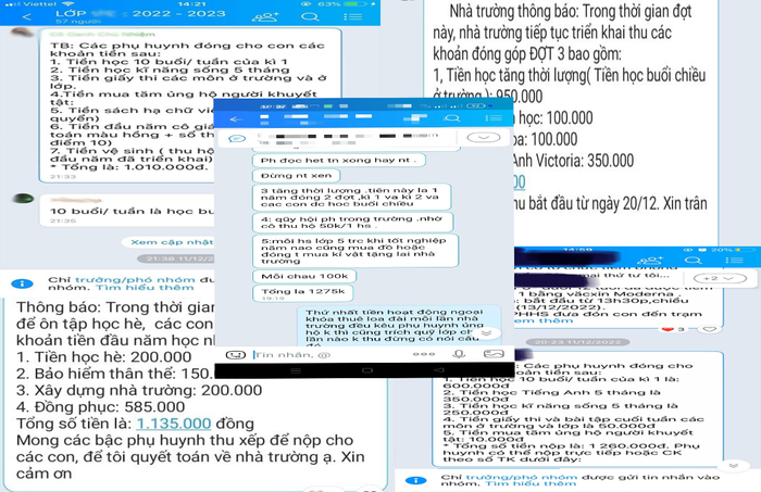 Những lần thông báo đóng tiền từ giáo viên chủ nhiệm. Ảnh: Phụ huynh cung cấp Những lần thông báo đóng tiền từ giáo viên chủ nhiệm. Ảnh: Phụ huynh cung cấp