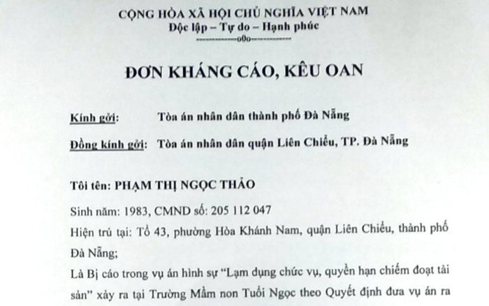 Đơn kháng cáo kêu oan của cô Thảo. Ảnh: TT Đơn kháng cáo kêu oan của cô Thảo. Ảnh: TT