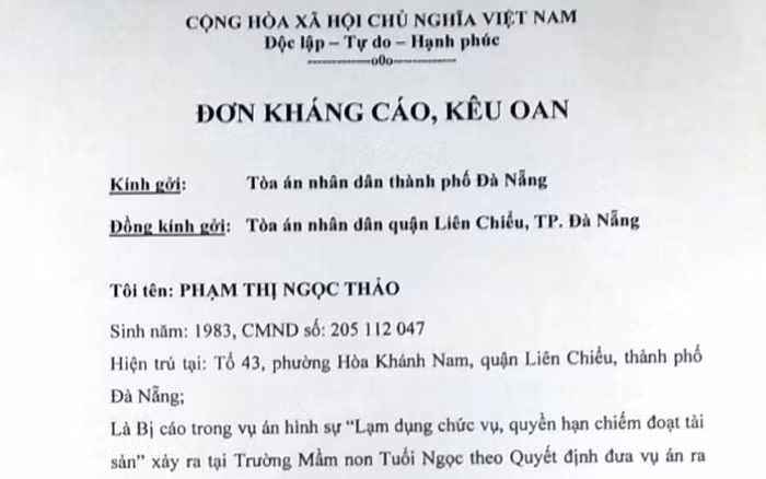 Đơn kháng cáo kêu oan của cô Thảo. Ảnh: TT