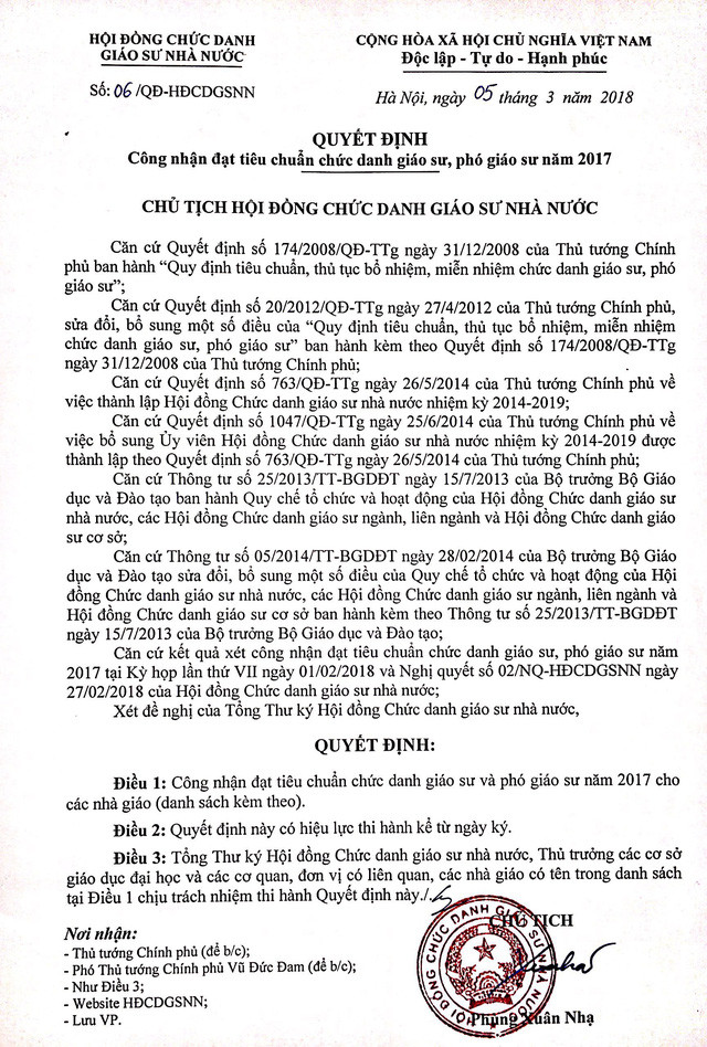 Quyết định công nhận chức danh giáo sư, phó giáo sư năm 2017 Quyết định công nhận chức danh giáo sư, phó giáo sư năm 2017