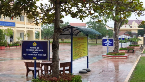 Các câu khẩu hiệu trong khuôn viên trường Trung học cơ sở Duy Ninh (Quảng Bình). Ảnh: Báo Sài Gòn giải phóng Các câu khẩu hiệu trong khuôn viên trường Trung học cơ sở Duy Ninh (Quảng Bình). Ảnh: Báo Sài Gòn giải phóng