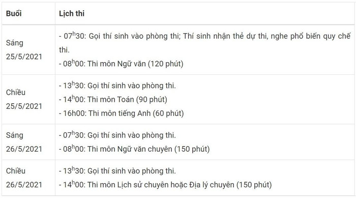 Lịch thi Lịch thi