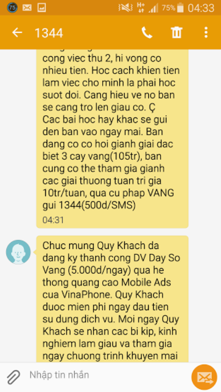 Theo nội dung tin nhắn chị N đã đăng ký thành công dịch vụ DAYSOVANG nhưng sự thật khách hàng không nhắn tin đăng ký Theo nội dung tin nhắn chị N đã đăng ký thành công dịch vụ DAYSOVANG nhưng sự thật khách hàng không nhắn tin đăng ký