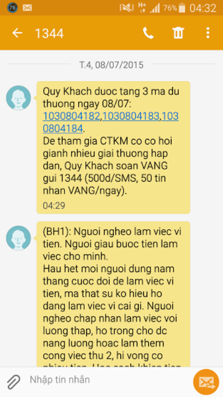 Tin nhắn từ số 1344 gửi đến cho chị N lúc 4h30 sáng xác nhận chị tham gia dịch vụ mà chị N không hay biết. Tin nhắn từ số 1344 gửi đến cho chị N lúc 4h30 sáng xác nhận chị tham gia dịch vụ mà chị N không hay biết.
