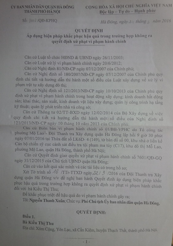 Quyết định số 3008/QĐ - KPHQ của quận Hà Đông yêu cầu xử lý công trình vi phạm trật tự xây dựng tại phường Mộ Lao. Ảnh Minh Anh.
