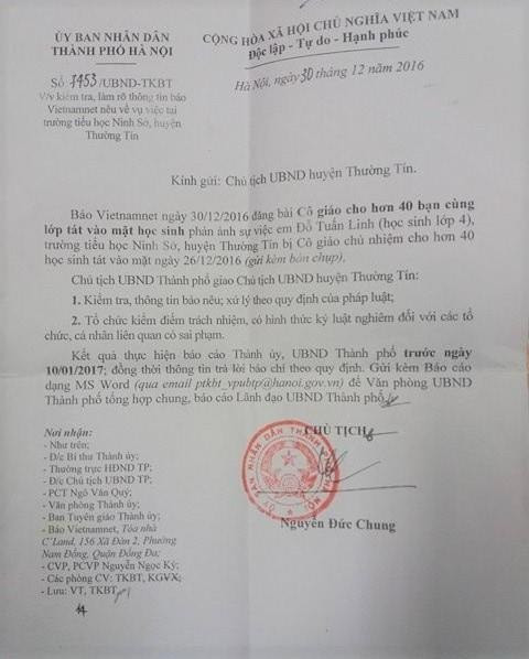 Văn bản yêu cầu xử lý vụ cô giáo chủ nhiệm cho 40 học sinh tát bạn cùng lớp của Chủ tịch UBND TP Hà Nội gửi UBND huyện Thường Tín. Văn bản yêu cầu xử lý vụ cô giáo chủ nhiệm cho 40 học sinh tát bạn cùng lớp của Chủ tịch UBND TP Hà Nội gửi UBND huyện Thường Tín.