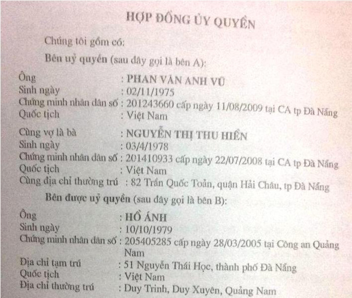 Hợp đồng ủy quyền sử dụng ngôi nhà số 51 Nguyễn Thái Học (Hải Châu, Đà Nẵng) giữa Vũ Nhôm và ông Hồ Ánh, nguyên thư ký cựu Bí thư Nguyễn Xuân Anh. Ảnh: CTV Hợp đồng ủy quyền sử dụng ngôi nhà số 51 Nguyễn Thái Học (Hải Châu, Đà Nẵng) giữa Vũ Nhôm và ông Hồ Ánh, nguyên thư ký cựu Bí thư Nguyễn Xuân Anh. Ảnh: CTV
