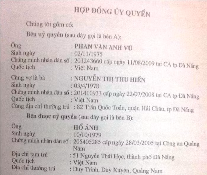 Hợp đồng ủy quyền sử dụng ngôi nhà số 51 Nguyễn Thái Học (Hải Châu, Đà Nẵng) giữa Vũ Nhôm và ông Hồ Ánh, nguyên thư ký cựu Bí thư Nguyễn Xuân Anh. Ảnh: CTV