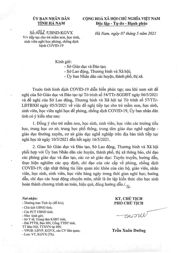 Công văn của Ủy ban nhân dân tỉnh Hà Nam tiếp tục cho học sinh, sinh viên các trường trên địa bàn tỉnh nghỉ học để phòng chống dịch Covid - 19. Ảnh: Hanam.gov.vn Công văn của Ủy ban nhân dân tỉnh Hà Nam tiếp tục cho học sinh, sinh viên các trường trên địa bàn tỉnh nghỉ học để phòng chống dịch Covid - 19. Ảnh: Hanam.gov.vn