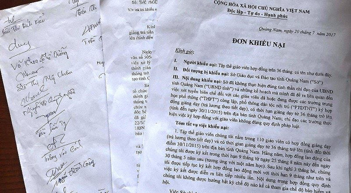 Đơn khiếu nại của 104 giáo viên hợp đồng tại Quảng Nam sau kỳ thi tuyển dụng giáo viên. Ảnh: TT Đơn khiếu nại của 104 giáo viên hợp đồng tại Quảng Nam sau kỳ thi tuyển dụng giáo viên. Ảnh: TT