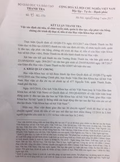 Thanh tra Bộ Giáo dục và Đào tạo đã chỉ ra nhiều sai phạm tại Học viện khoa học xã hội (ảnh Bạch Đằng). Thanh tra Bộ Giáo dục và Đào tạo đã chỉ ra nhiều sai phạm tại Học viện khoa học xã hội (ảnh Bạch Đằng).