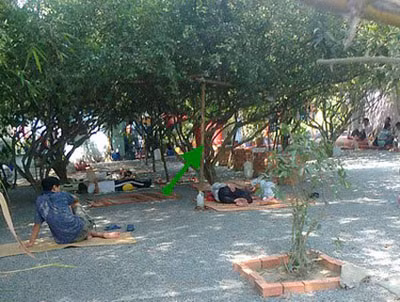 Người bệnh và thân nhân nằm vạ vật tại khu vườn chờ đến giờ vào chữa bệnh