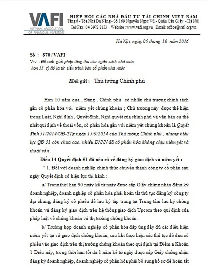 Văn bản của VAFI gửi Thủ tướng Chính phủ - ảnh lại chụp văn bản (H.Lực) Văn bản của VAFI gửi Thủ tướng Chính phủ - ảnh lại chụp văn bản (H.Lực)