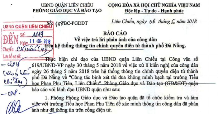 Báo cáo của Phòng giáo dục quận Liên Chiểu sau khi kiểm tra, xác minh các tố cáo xảy ra tại trường tiểu học Phan Phu Tiên. Ảnh: AN Báo cáo của Phòng giáo dục quận Liên Chiểu sau khi kiểm tra, xác minh các tố cáo xảy ra tại trường tiểu học Phan Phu Tiên. Ảnh: AN
