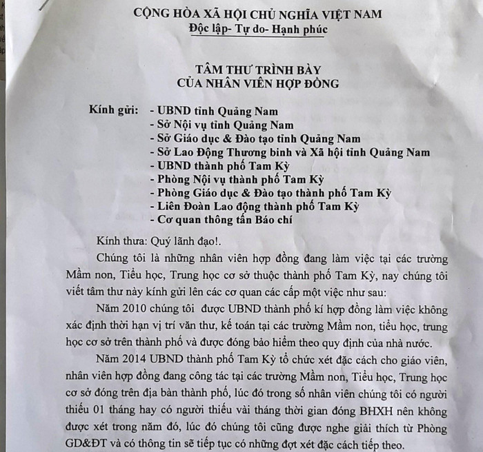 Tâm thư của những nhân viên hợp đồng tại các trường học trước nguy cơ bị mất việc. Ảnh: AN Tâm thư của những nhân viên hợp đồng tại các trường học trước nguy cơ bị mất việc. Ảnh: AN