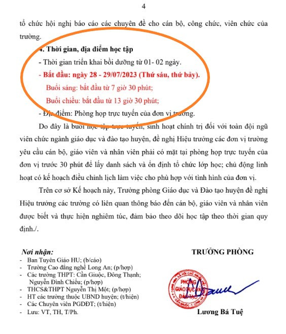 Thời gian trong Kế hoạch bồi dưỡng chính trị hè năm 2023 trước đó của Phòng Giáo dục và Đào tạo huyện Cần Giuộc vào cuối tháng 7. Tuy nhiên, theo ông Tuệ đợt bồi dưỡng này vẫn "nợ" chương trình nên đã lùi vào đợt đầu năm học mới. Ảnh: GVCC