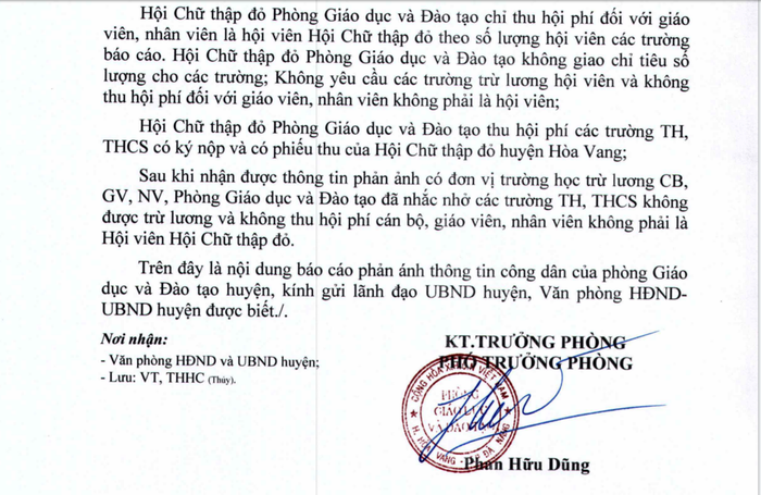 Phòng Giáo dục và Đào tạo huyện Hòa Vang nhắc nhở các trường tiểu học, trung học không được trừ lương và không thu hội phí cán bộ, giáo viên, nhân viên không phải là Hội viên hội chữ thập đỏ. Ảnh: AN Phòng Giáo dục và Đào tạo huyện Hòa Vang nhắc nhở các trường tiểu học, trung học không được trừ lương và không thu hội phí cán bộ, giáo viên, nhân viên không phải là Hội viên hội chữ thập đỏ. Ảnh: AN