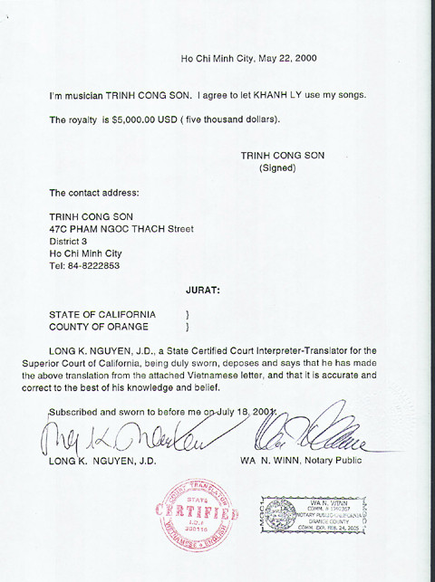 Nội dung bằng tiếng Anh của giấy cho phép trên được công chứng bởi một tòa án Mỹ. Nội dung bằng tiếng Anh của giấy cho phép trên được công chứng bởi một tòa án Mỹ.