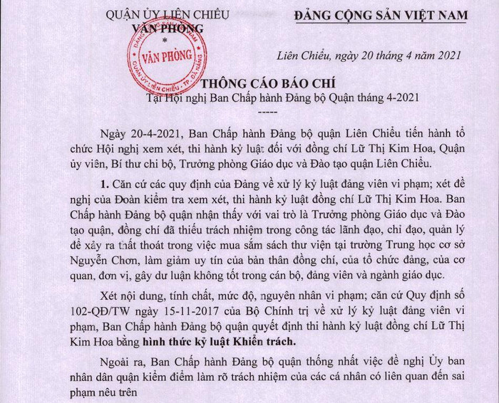 Thông tin về việc kỷ luật Trưởng phòng Giáo dục và Đào tạo quận của Văn phòng Quận ủy Liên Chiểu. Ảnh: AN Thông tin về việc kỷ luật Trưởng phòng Giáo dục và Đào tạo quận của Văn phòng Quận ủy Liên Chiểu. Ảnh: AN