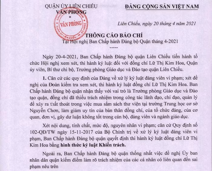 Thông tin về việc kỷ luật Trưởng phòng Giáo dục và Đào tạo quận của Văn phòng Quận ủy Liên Chiểu. Ảnh: AN